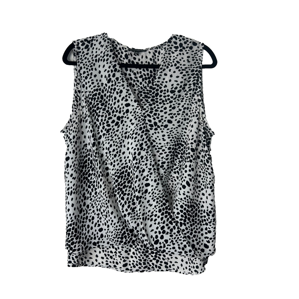 Adrianna Papell Sleeveless Faux Wrap Top Size XL White Black Animal Print Hi Low